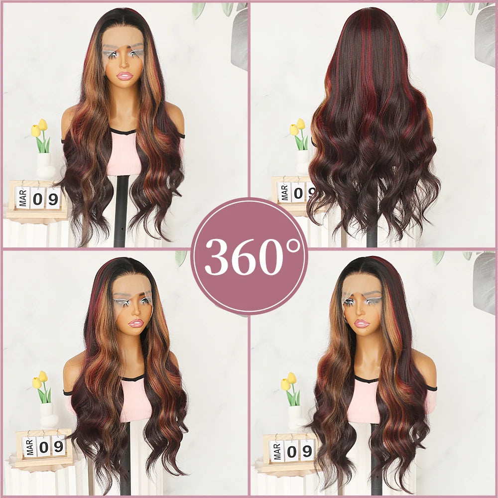 Long Wavy Blonde Red Highlight 13x4 HD Free Part Synthetic Lace Front Wigs Pre Plucked Natural Hairline Body Wave Glueless Wig