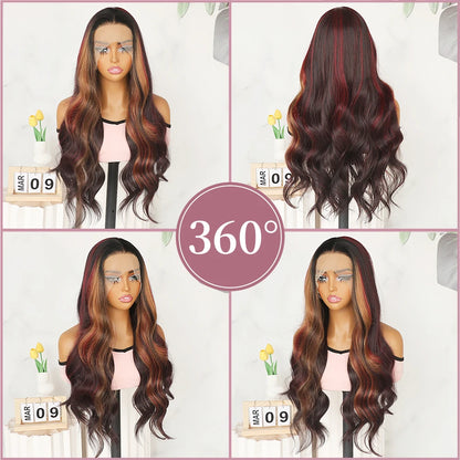 Long Wavy Blonde Red Highlight 13x4 HD Free Part Synthetic Lace Front Wigs Pre Plucked Natural Hairline Body Wave Glueless Wig
