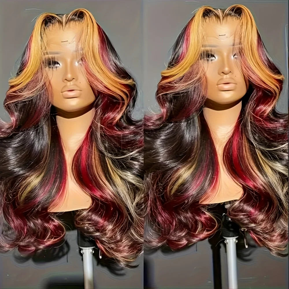 Long Wavy Blonde Red Highlight 13x4 HD Free Part Synthetic Lace Front Wigs Pre Plucked Natural Hairline Body Wave Glueless Wig