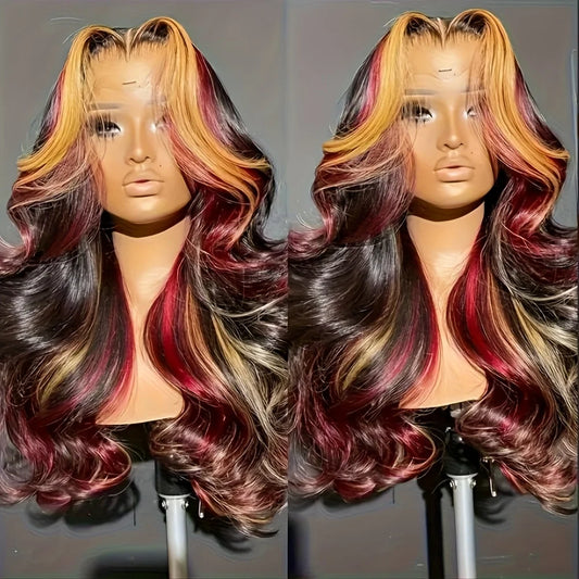 Long Wavy Blonde Red Highlight 13x4 HD Free Part Synthetic Lace Front Wigs Pre Plucked Natural Hairline Body Wave Glueless Wig