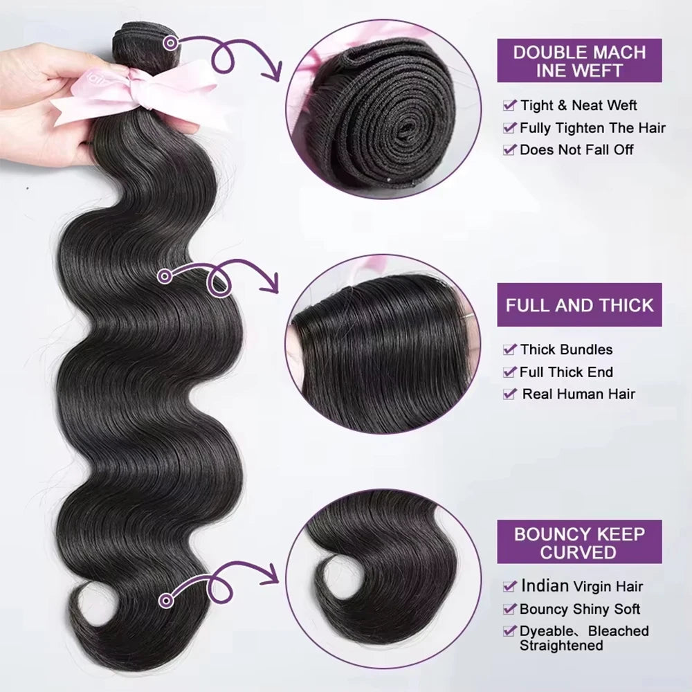 Virgin Brazilian Weave 12A Loose Body Wave 30 32 Inch 1-4 Bundles Remy Human Hair Natural Black Raw Extensions Water-friendly