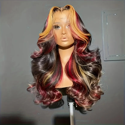Long Wavy Blonde Red Highlight 13x4 HD Free Part Synthetic Lace Front Wigs Pre Plucked Natural Hairline Body Wave Glueless Wig