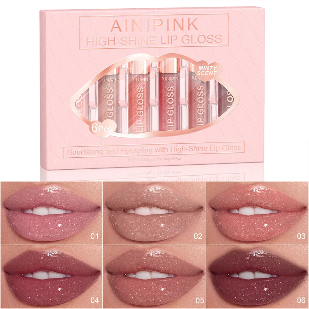 Shimmer Glitter Lip Gloss Lipstick 1pc/6pc/set Waterproof Moisturizing Jelly Hydrating Plumping Nude Y2K Daily&Party Makeup Gift