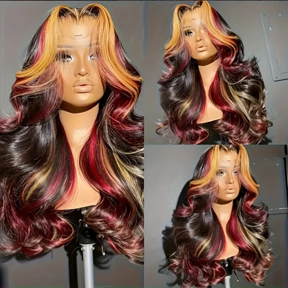 Long Wavy Blonde Red Highlight 13x4 HD Free Part Synthetic Lace Front Wigs Pre Plucked Natural Hairline Body Wave Glueless Wig