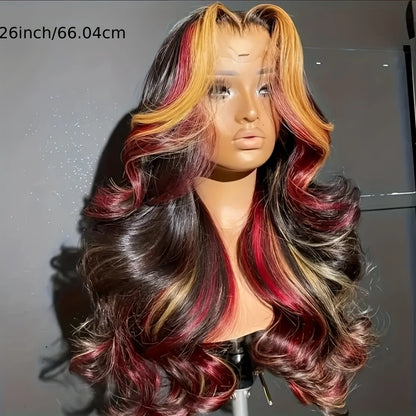 Long Wavy Blonde Red Highlight 13x4 HD Free Part Synthetic Lace Front Wigs Pre Plucked Natural Hairline Body Wave Glueless Wig